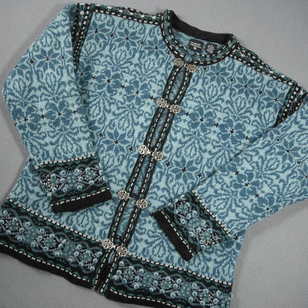 VTG Nordic Design Fair Isle Metal Clasp Wool Blend Women Cardigan S Folk Teal